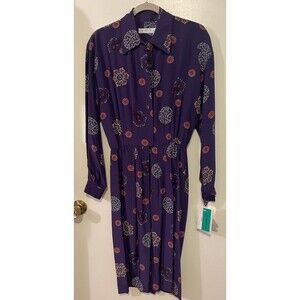 Vintage Liz Claiborne Dress Womens Size 6 Purple Midi 100% Pure Silk Long Sleeve